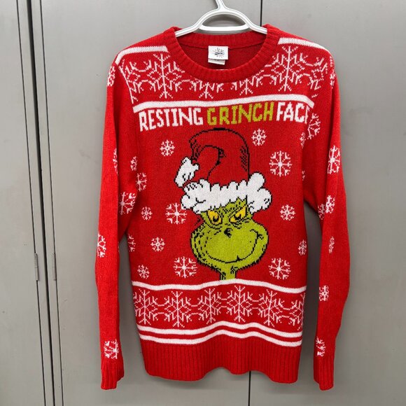 Ugly Christmas Sweater Dr. Seuss Resting Grinch Face Snowflake Unixex Small - Picture 1 of 8
